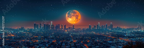 view of the city at night, lights on in buildings across town and the moon, style anime.