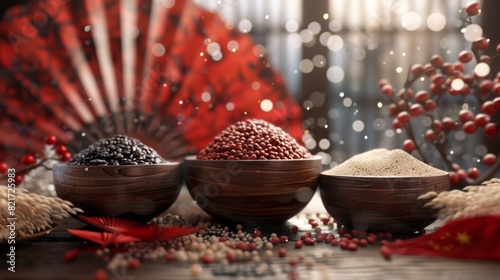 An array of diverse grains and pulses beautifully displayed in ornate bowls amidst a festive backdrop. Generative Ai