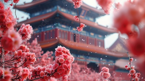 A beautiful pink cherry blossom tree with pink flowers and pink leaves. The tree is surrounded by a building with red and blue accents.