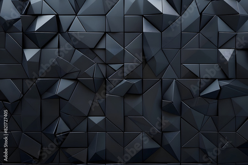 Polished, Semigloss Wall background with tiles. Triangular, tile Wallpaper with 3D, Black blocks. 3D Render AI