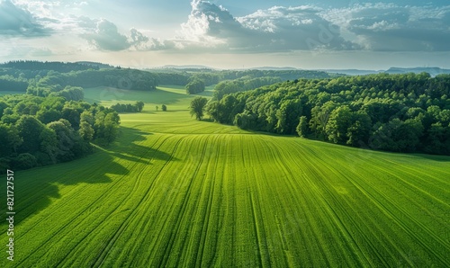 Drone footage of green rural landscape with grass, crops and forest. Bavaria, Germany