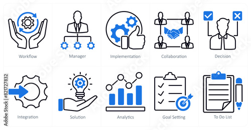A set of 10 project management icons as workflow, manager, implementation