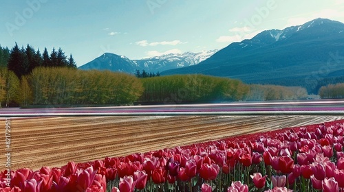  A tulip field in front of a mountain range with a plowed field in the foreground