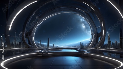 nighttime view from this vantage point. Idea for a computerized community with a warp-effect futuristic space tunnel