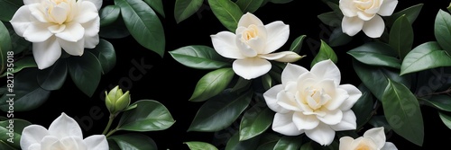 gardenia flowers and leaves on plain black background from Generative AI