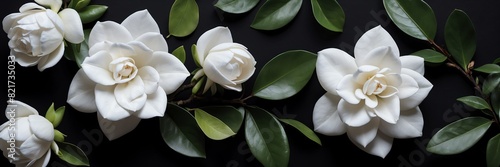 gardenia flowers and leaves on plain black background from Generative AI