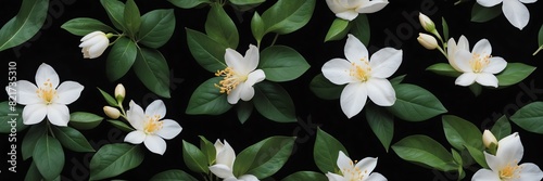 jasmine flowers and leaves on plain black background from Generative AI