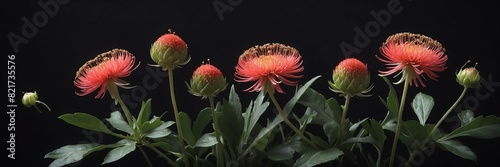pincushion flowers and leaves on plain black background from Generative AI