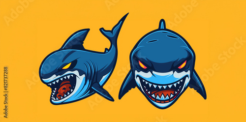 Two cartoon sharks with one of them having a mouth full of teeth. The other shark has a mouth full of teeth and is looking angry. t-shirt design sticker icon logo shark mask character scary. character