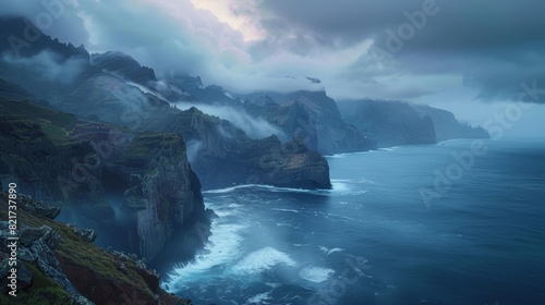 Dramatic coastal landscape with rugged cliffs and misty ocean waves at sunset, capturing the untamed beauty of nature. Generative Ai