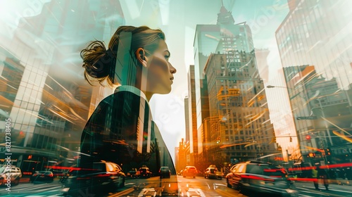 A businesswoman in formal attire is captured in a dynamic double exposure