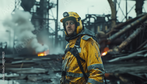 A volunteer in a yellow protective suit stands in front of a burning industrial building. A brave man helps to sort out the rubble
