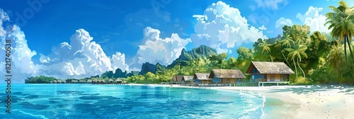 Painting of a tropical beach with huts and azure sea. Generative AI