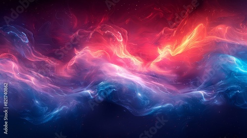 Abstract colorful background. Swirls of neon blue and deep red intertwine, creating a mesmerizing dance of contrast and intensity, like ribbons of light streaking across the night sky.