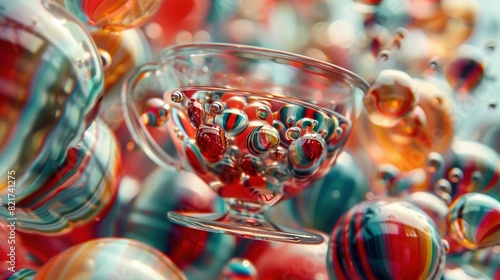  A close-up of a glass bowl filled with various shaped and sized colored balls