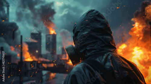 A survivor in a gas mask against the background of a destroyed city on fire. An apocalyptic scene. A man in a black suit looks at the fire