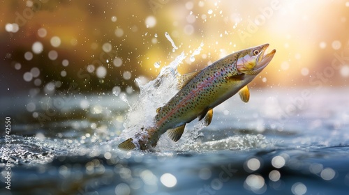 Rainbow trout leaping out of river during sunset in rural area.