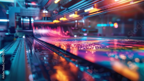 Advanced printing technology in a modern print shop with vibrant neon lighting and high-tech equipment. Generative Ai