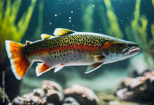 Close-up with a trout swimming underwater