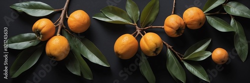 loquat fruits and leaves on plain black background from Generative AI