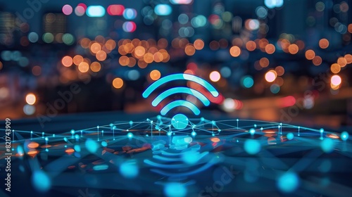 Glowing Wi-Fi symbol over a city skyline at night, with a network grid overlay