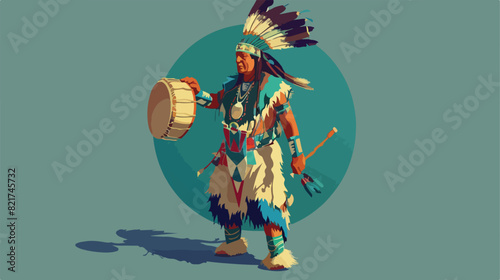 American Indian wearing bearskin and ethnic clothes b