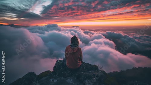 Young woman seated atop a mountain, overlooking clouds at sunset, presenting a fantastical vista of nature's wonders, evoking awe and serenity in the breathtaking beauty of the landscape.