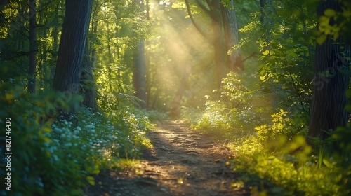 Enchanting Forest Trail with Captivating Sunlight Beams Inviting and Nature Connection