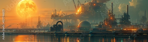A futuristic energy facility powered by golden solar panels and traditional oil pipelines, blending old and new energy sources, SciFi, Digital Art