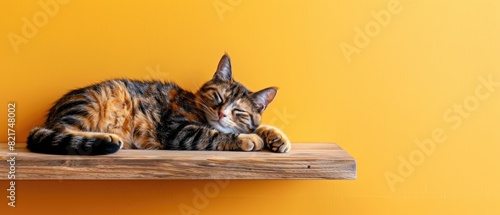 Sleepy cat with clear copyspace on a warm yellow background
