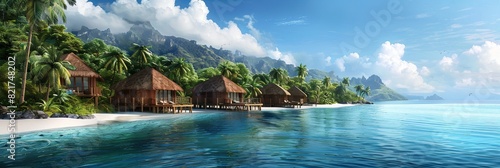 Palm trees and thatched huts on a tropical island with a beach and azure sea. Generative AI