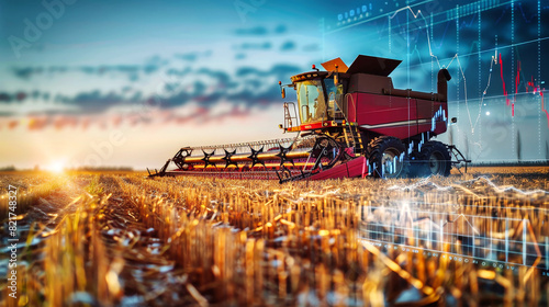 A combine harvester reaping crops in a vast field, surrounded by stock exchange charts tracking agricultural product prices