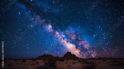 Breathtaking view of the Milky Way galaxy over a desert landscape at night, showcasing a mesmerising array of stars and cosmic wonders.