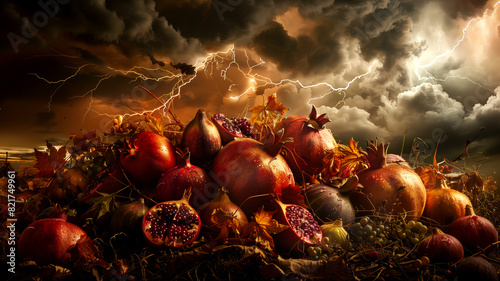 A dramatic scene of storm clouds gathering above a pile of exotic fruits, including durian, rambutan, and mangosteen, with flashes of lightning illuminating the sky.
