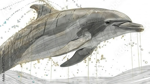  A drawing of a dolphin jumping in the air, with bubbles emanating from both its mouth and nostrils