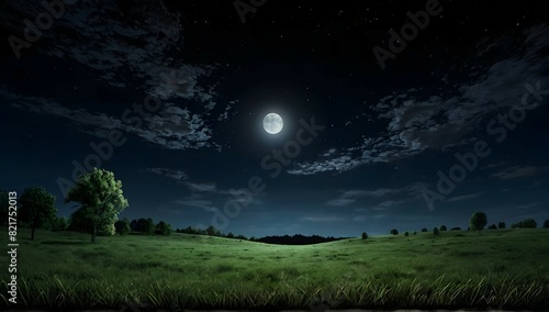 point of view from the ground of a grassy pasture landscape at midnight, moon, realistic, high contrast.