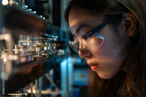 Researcher in safety glasses observing a quantum computing experiment