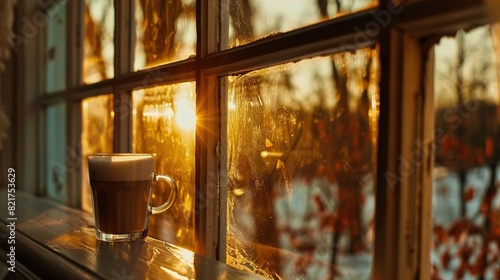  A cup of coffee perched atop a windowsill, beside frosted windowpanes