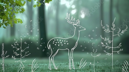  A deer in a grassy area surrounded by trees with air bubbles