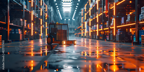  A pristine warehouse with a glistening floor reflecting orange lights, The clean and tidy warehouse offers an ideal space for keeping products in order with neat rows of shelves and cardboard boxes 