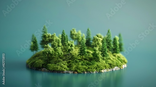 Lush Green Forest Island with Serene Lake or Pond Environmental Conservation Concept with Copy Space