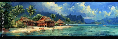Painting of a tropical island with a boat sailing in the azure waters, capturing a serene beach scene.
