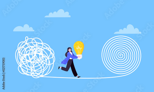 Understanding problem solution simplify challenge with idea. Unravel business chaos process with tangle difficult problem mess business concept flat design vector illustration. Chaos to order metaphor