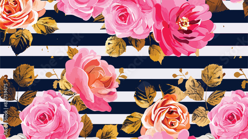 Pink roses golden leaves and navy vertical stripes in