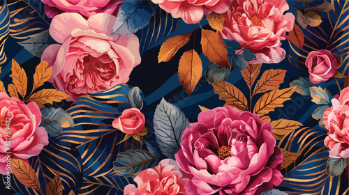 Pink roses golden leaves and pinkish stripes indigo p