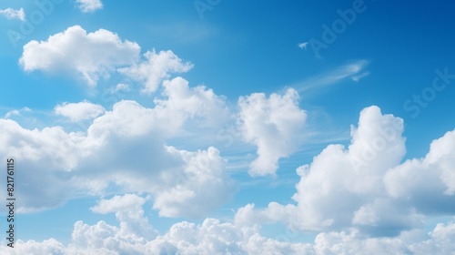 A close-up photo of a blue sky, with fluffy white clouds drifting across.