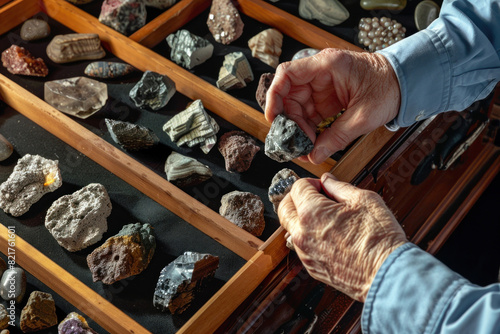Elderly Caucasian man examining a collection of rare stones and minerals displayed in a wooden case.