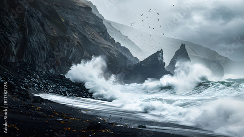 Rugged Coastline with Powerful Crashing Waves and Dark Volcanic Sands. Nature Wallpaper. AI