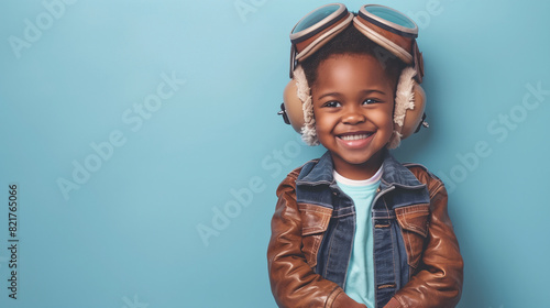 A cute happy smiling young African American black boy dresses like a pilot wearing aviator hat, ear muff and goggles on a plain blue background with copy space for text.