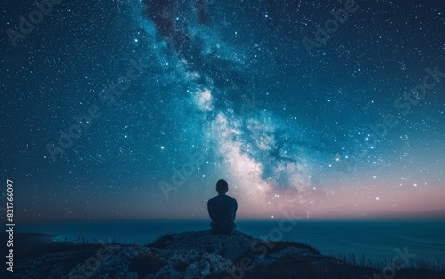 An adult Baltic person, a quantum physicist, sits on a rock gazing up at the night sky filled with stars